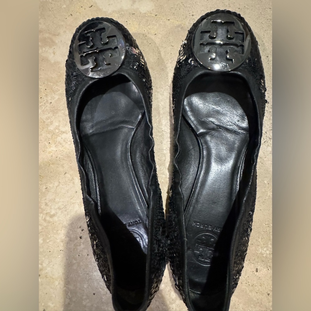 Tory Burch Black Sequin Logo Flats